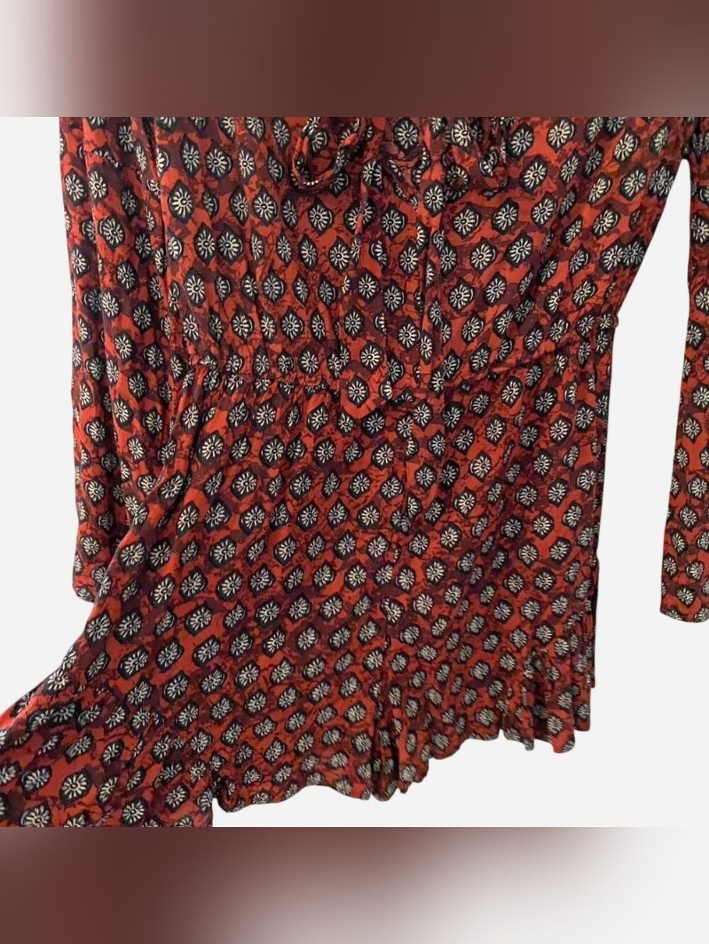 Xhilaration Rust Red Abstract Floral Romper Tie-Front Long Bell Sleeve Playsuit - Picture 4 of 6